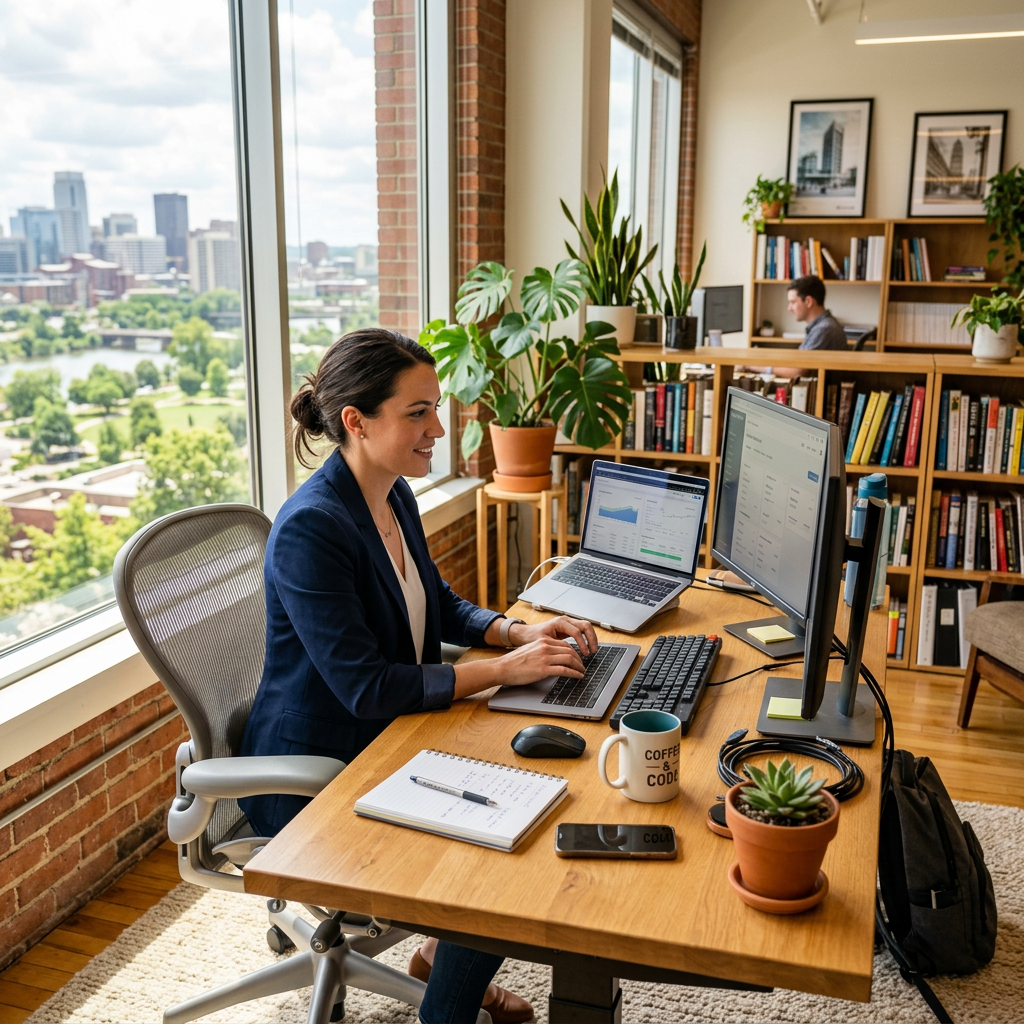 Woman working on laptop and desktop in a bright office with large windows showing cityscape